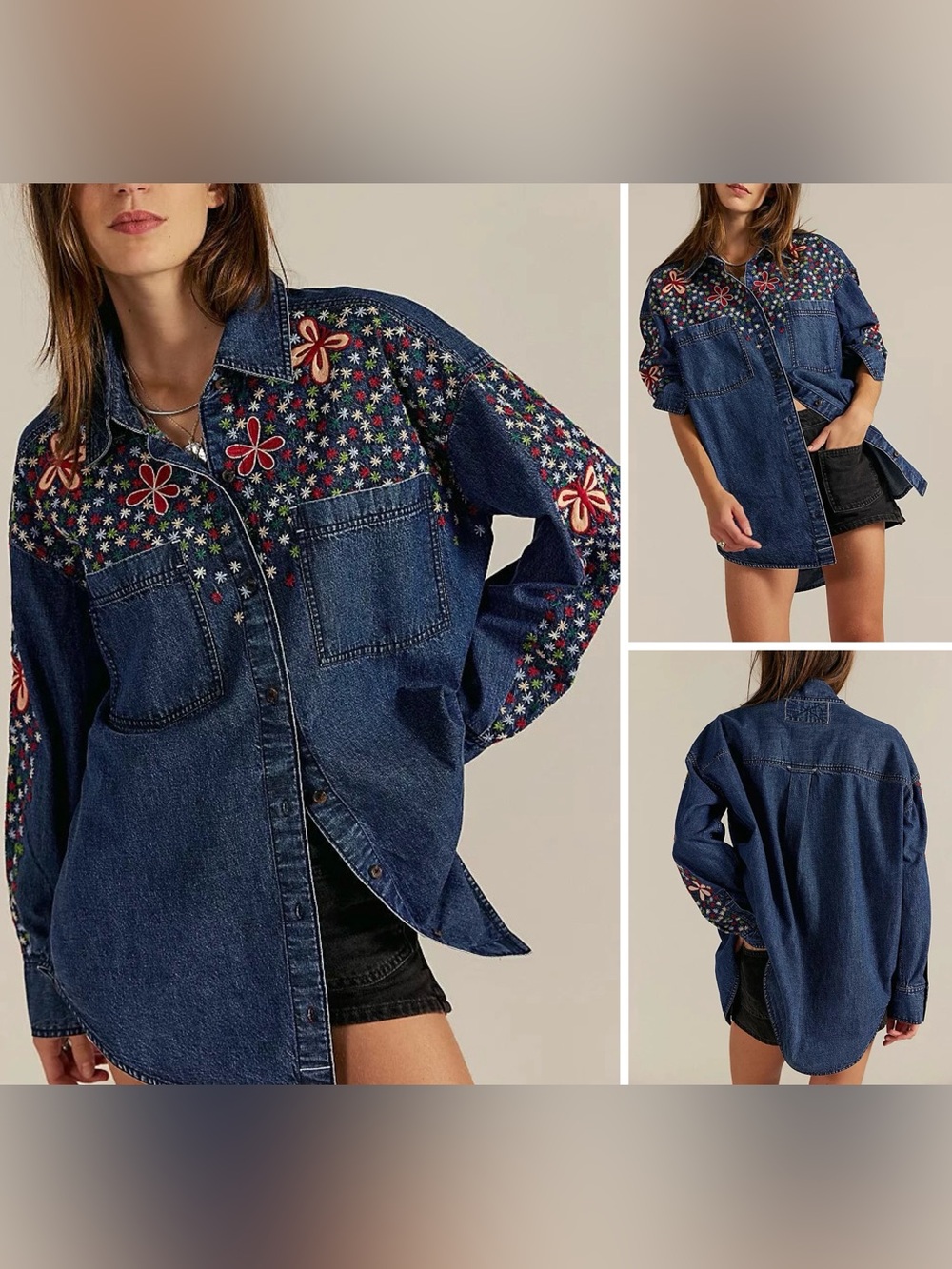 NWT Free People We the Free Rainbow Embroidered Denim Shirt - Rinse Wash - XS
